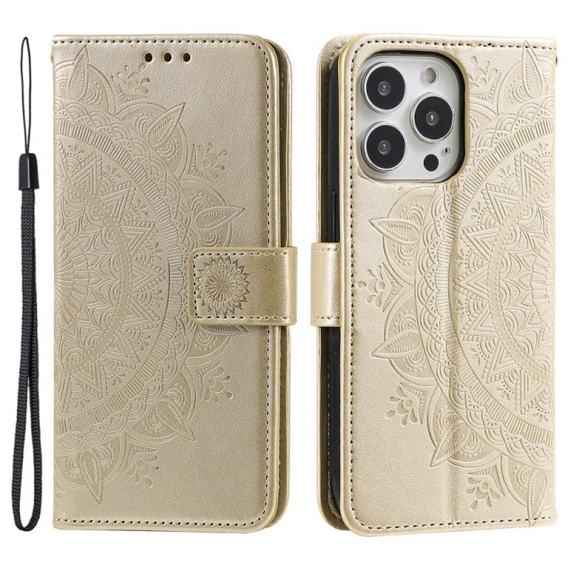 Læder Cover iPhone 16 Pro Telefon Etui Mandala Sol Med Rem