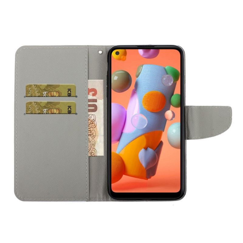 Flip Cover Læder for Samsung Galaxy M11 Farvede Blade Med Rem