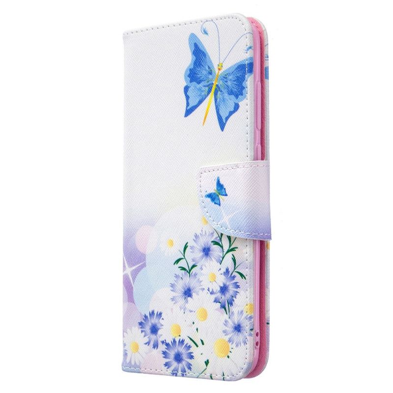 Flip Cover Læder for Samsung Galaxy M11 Magenta Malede Sommerfugle Og Blomster