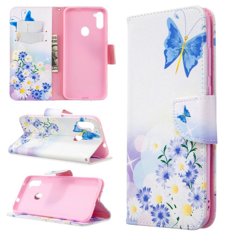 Flip Cover Læder for Samsung Galaxy M11 Magenta Malede Sommerfugle Og Blomster