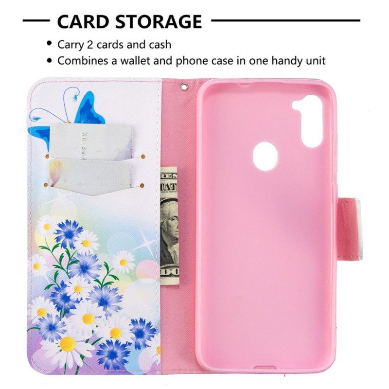 Flip Cover Læder for Samsung Galaxy M11 Magenta Malede Sommerfugle Og Blomster