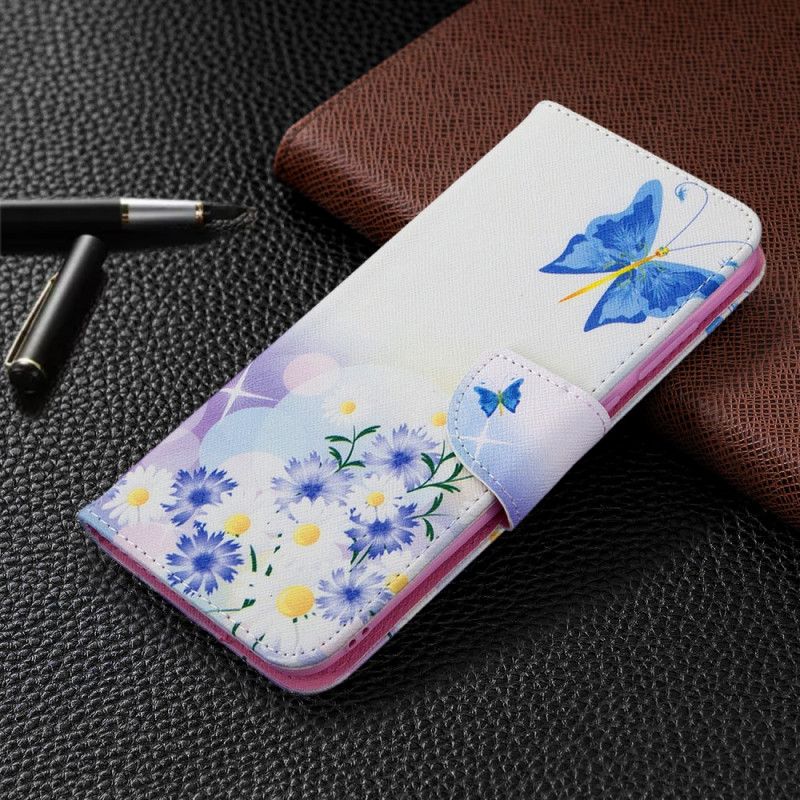 Flip Cover Læder for Samsung Galaxy M11 Magenta Malede Sommerfugle Og Blomster