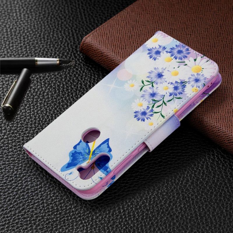 Flip Cover Læder for Samsung Galaxy M11 Magenta Malede Sommerfugle Og Blomster