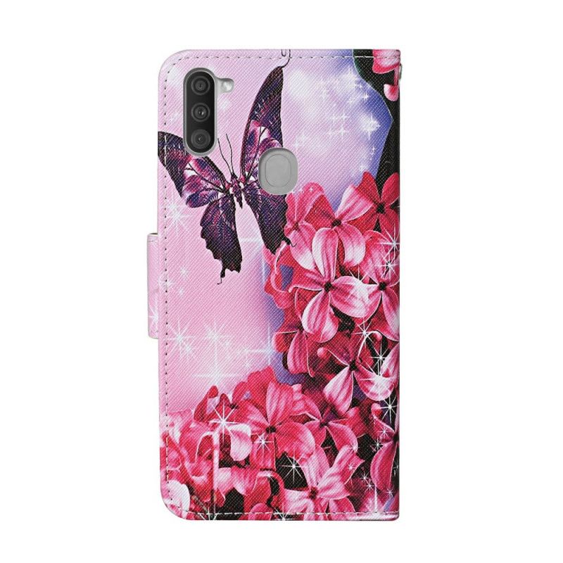 Flip Cover Læder for Samsung Galaxy M11 Magenta Thong Blomster Sommerfugle