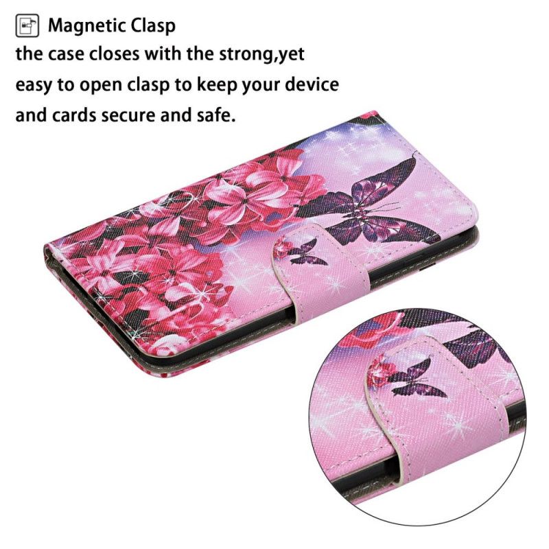 Flip Cover Læder for Samsung Galaxy M11 Magenta Thong Blomster Sommerfugle