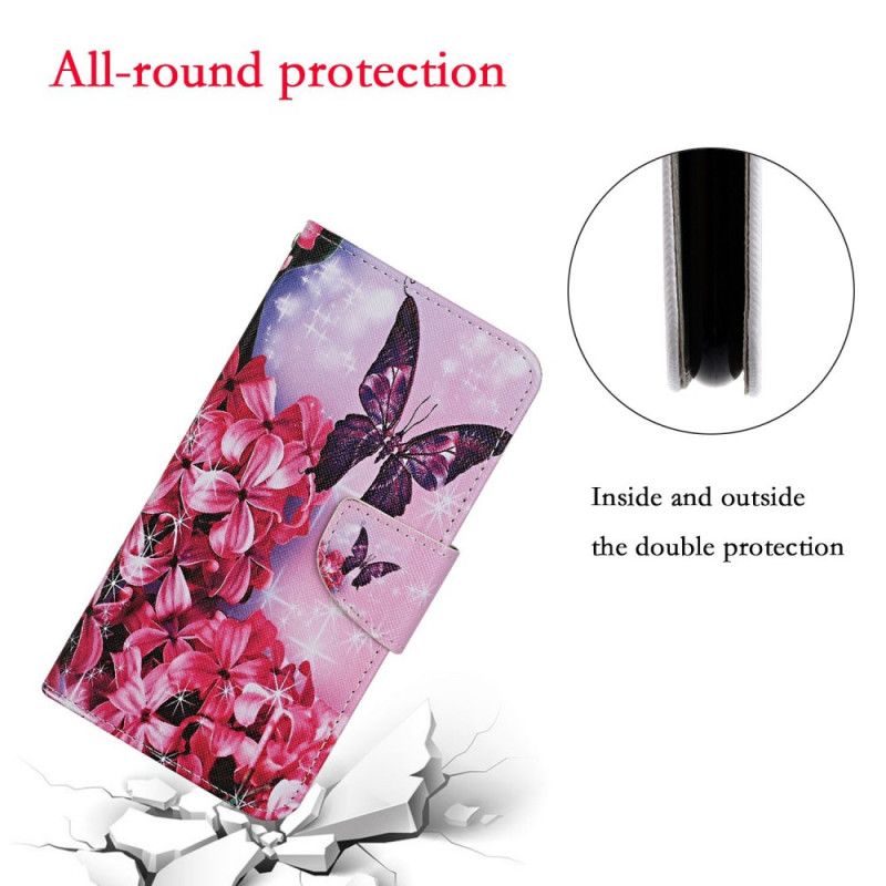 Flip Cover Læder for Samsung Galaxy M11 Magenta Thong Blomster Sommerfugle