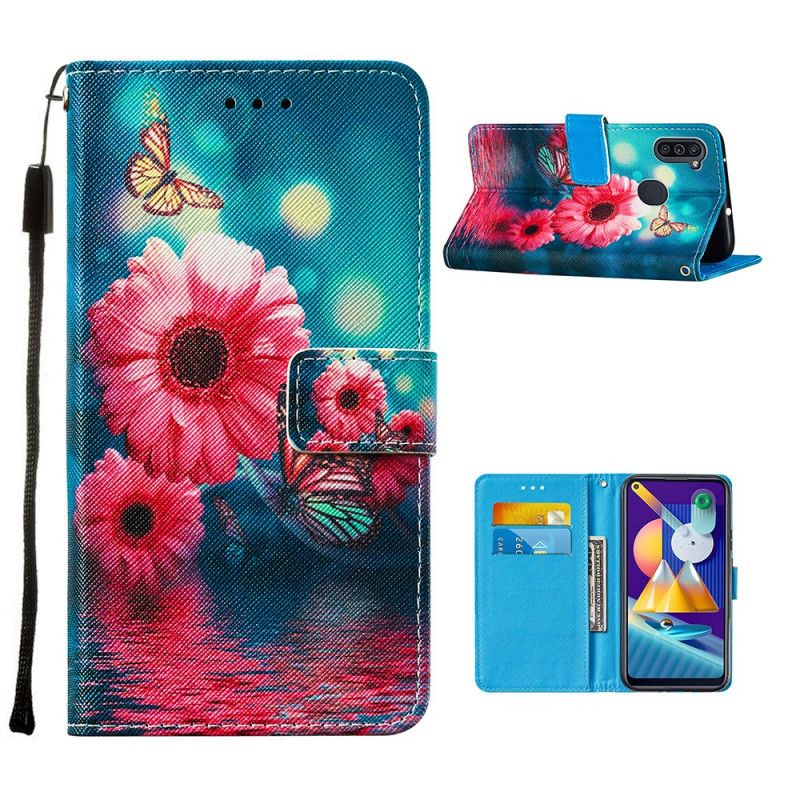 Flip Cover Læder Samsung Galaxy M11 Blomster Og Sommerfugle