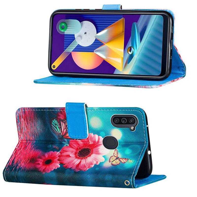 Flip Cover Læder Samsung Galaxy M11 Blomster Og Sommerfugle