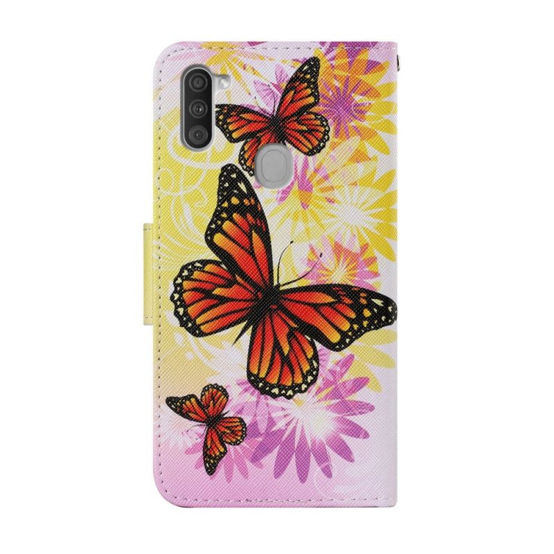 Flip Cover Læder Samsung Galaxy M11 Gul Sommerfugle Og Sommerblomster Beskyttelse