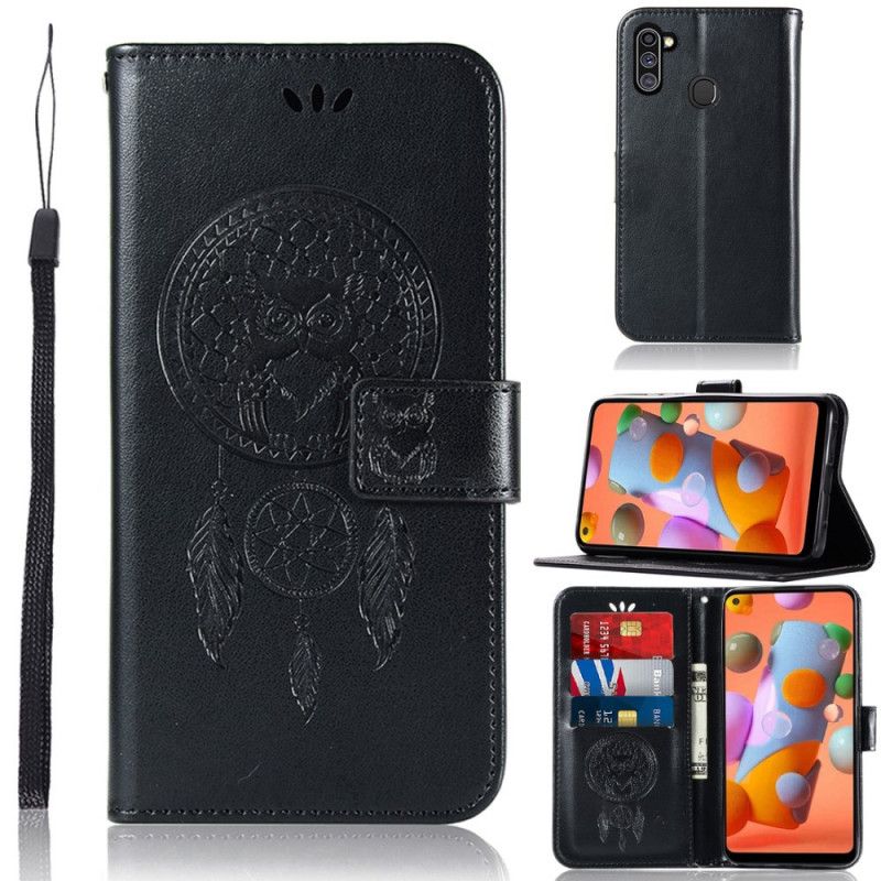 Flip Cover Læder Samsung Galaxy M11 Lyseblå Dreamcatcher Af Ugle I Lædereffekt