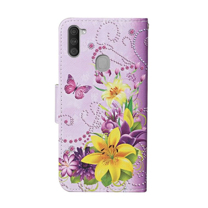 Flip Cover Læder Samsung Galaxy M11 Magenta Mesterlige Blomster Med Rem Beskyttelse