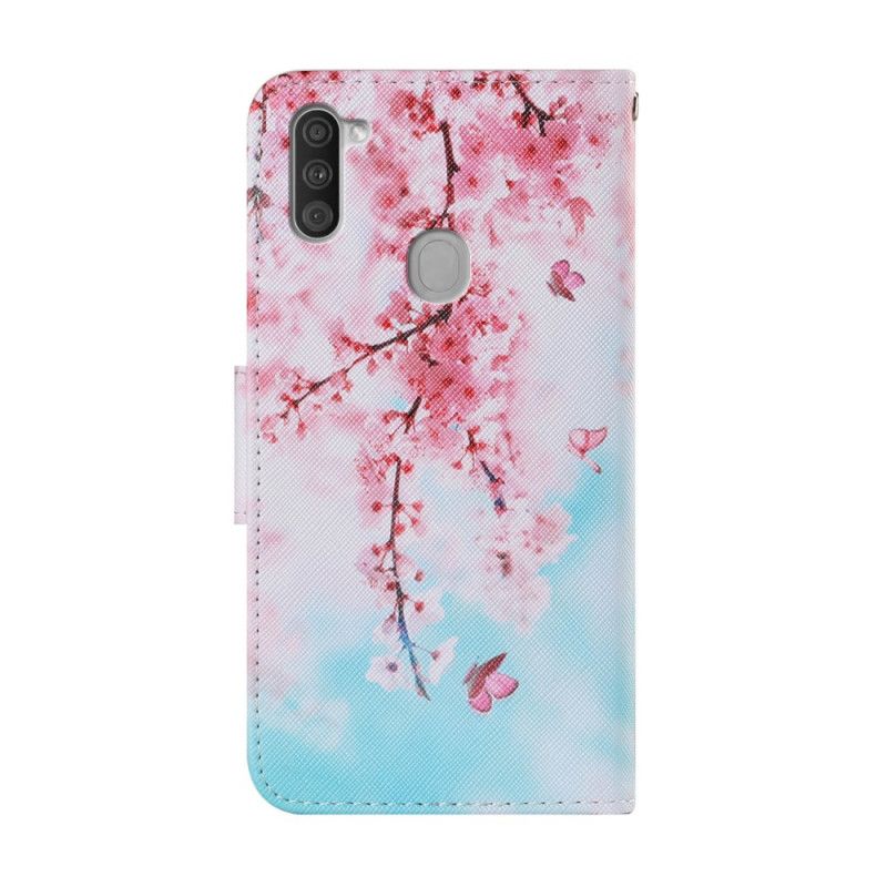 Flip Cover Læder Samsung Galaxy M11 Røde Grene Med Rem Original