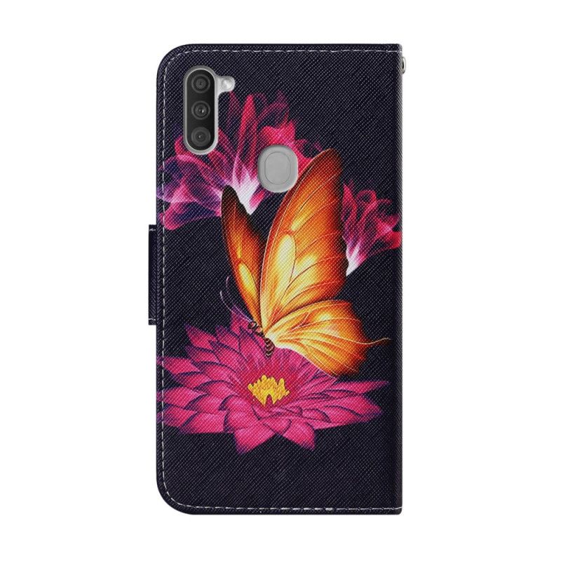 Flip Cover Læder Samsung Galaxy M11 Sommerfugl Og Lotus