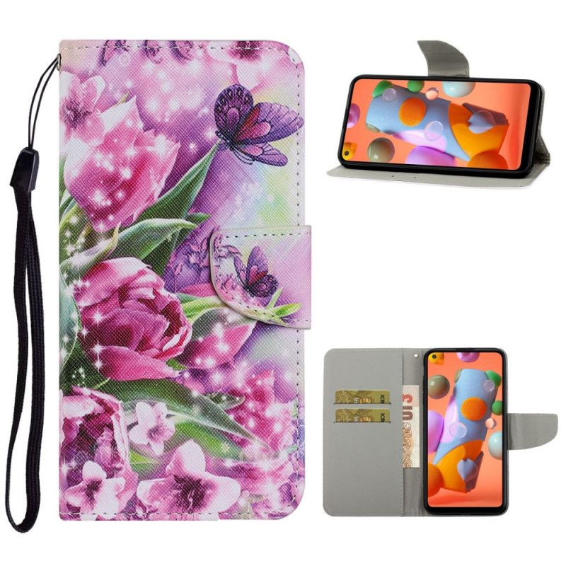 Flip Cover Læder Samsung Galaxy M11 Sommerfugle Og Tulipaner