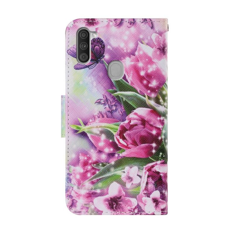 Flip Cover Læder Samsung Galaxy M11 Sommerfugle Og Tulipaner