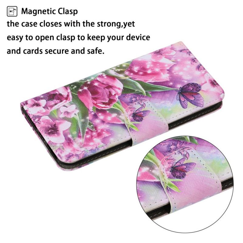 Flip Cover Læder Samsung Galaxy M11 Sommerfugle Og Tulipaner