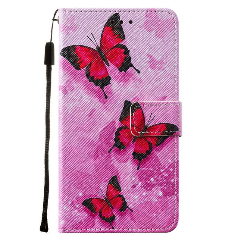 Flip Cover Samsung Galaxy M11 Magenta Tekstureret Kunstlæder Sommerfugle