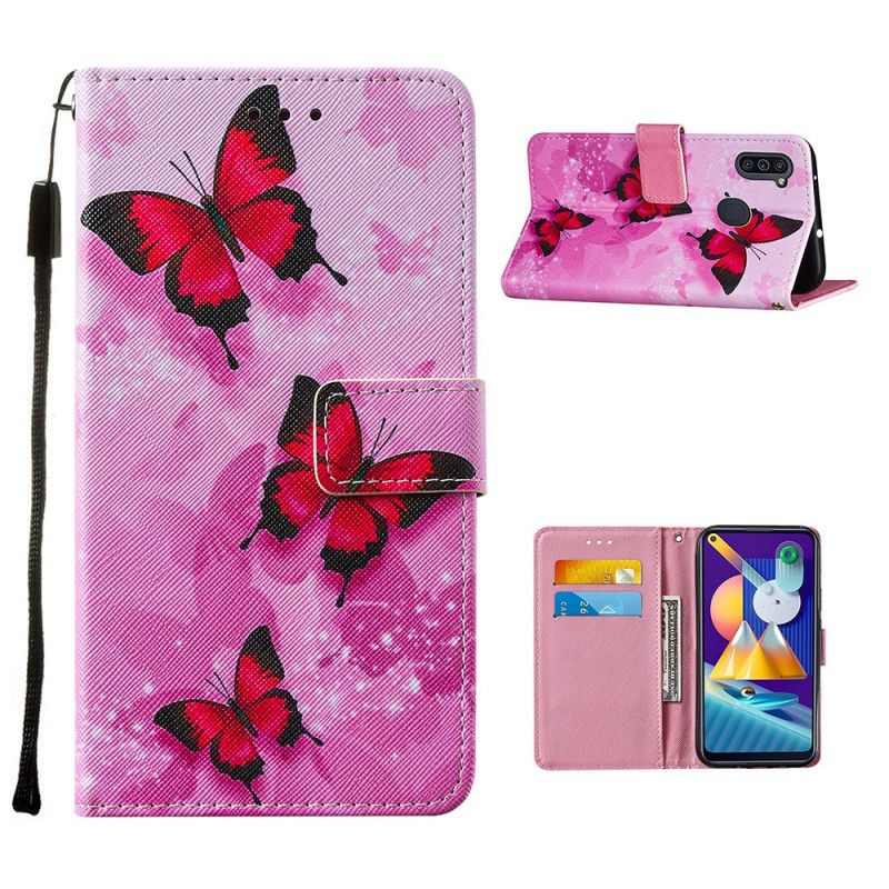 Flip Cover Samsung Galaxy M11 Magenta Tekstureret Kunstlæder Sommerfugle