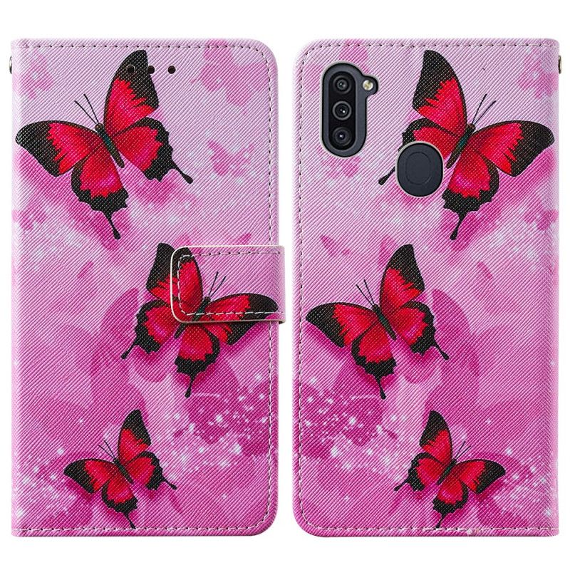 Flip Cover Samsung Galaxy M11 Magenta Tekstureret Kunstlæder Sommerfugle