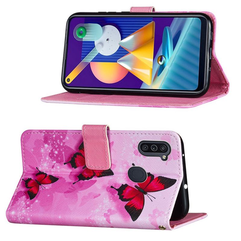 Flip Cover Samsung Galaxy M11 Magenta Tekstureret Kunstlæder Sommerfugle