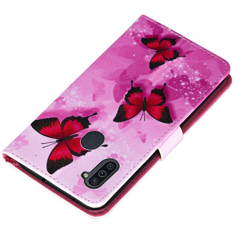 Flip Cover Samsung Galaxy M11 Magenta Tekstureret Kunstlæder Sommerfugle