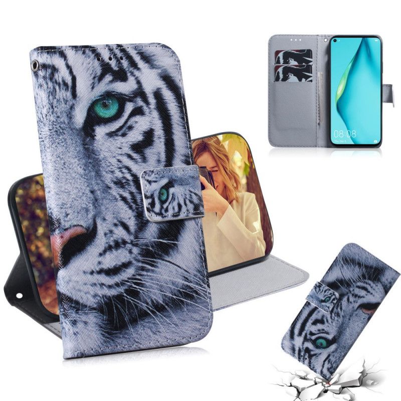 Flip Cover Læder for Huawei P40 Lite Hvid Tiger