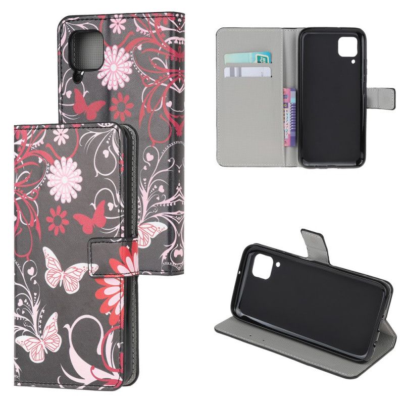 Flip Cover Læder for Huawei P40 Lite Sort Sommerfugle Og Blomster