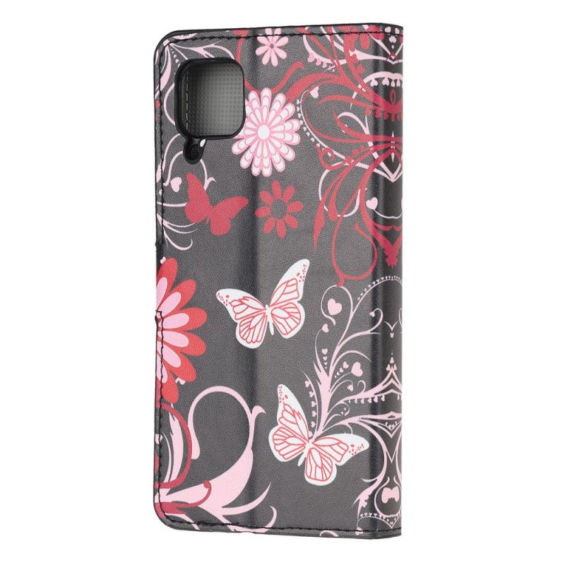 Flip Cover Læder for Huawei P40 Lite Sort Sommerfugle Og Blomster