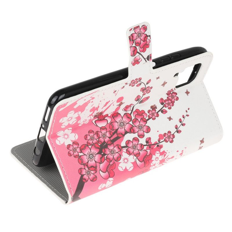 Flip Cover Læder Huawei P40 Lite Magenta Tropiske Blomster