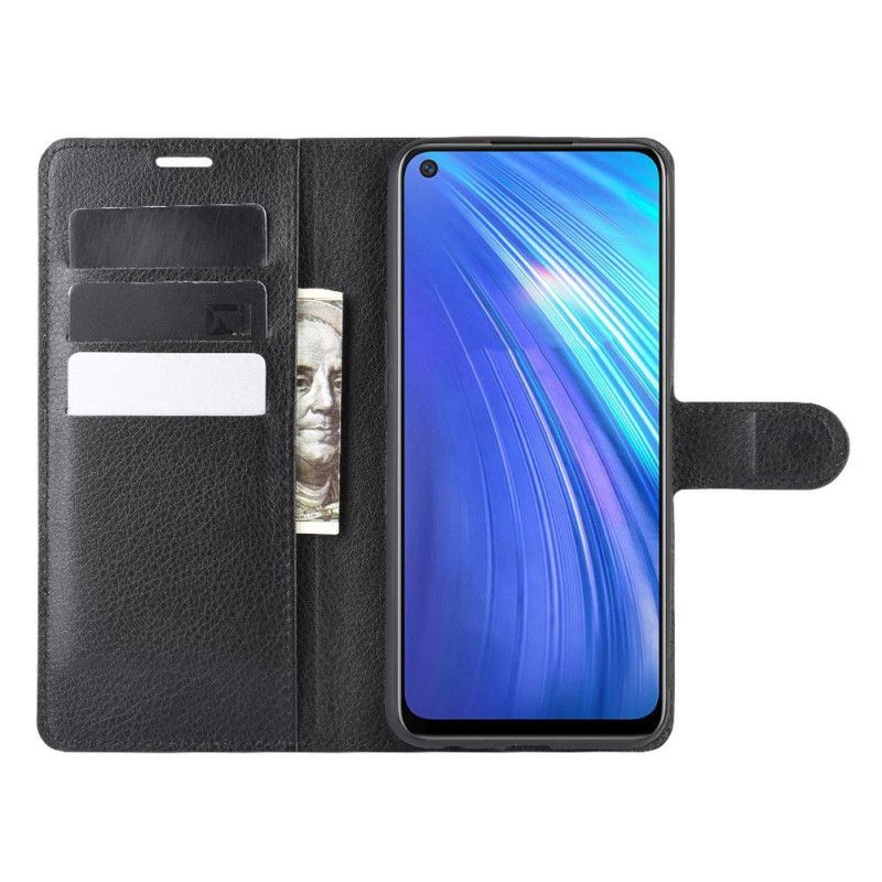 Flip Cover Realme 6 Sort Klassisk Litchi-Effekt