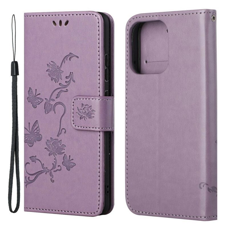 Flip Cover iPhone 13 Pro Sommerfugle Og Blomster Strappy