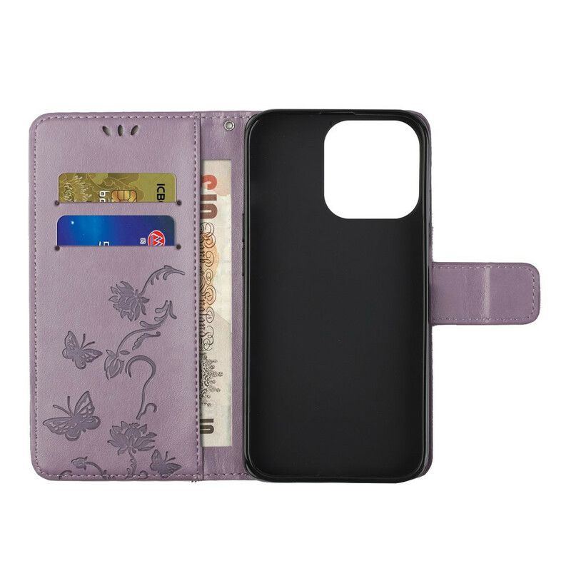 Flip Cover iPhone 13 Pro Sommerfugle Og Blomster Strappy