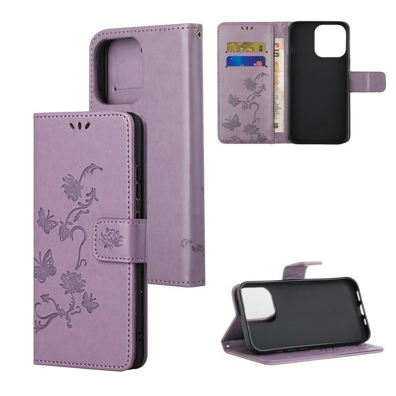 Flip Cover iPhone 13 Pro Sommerfugle Og Blomster Strappy