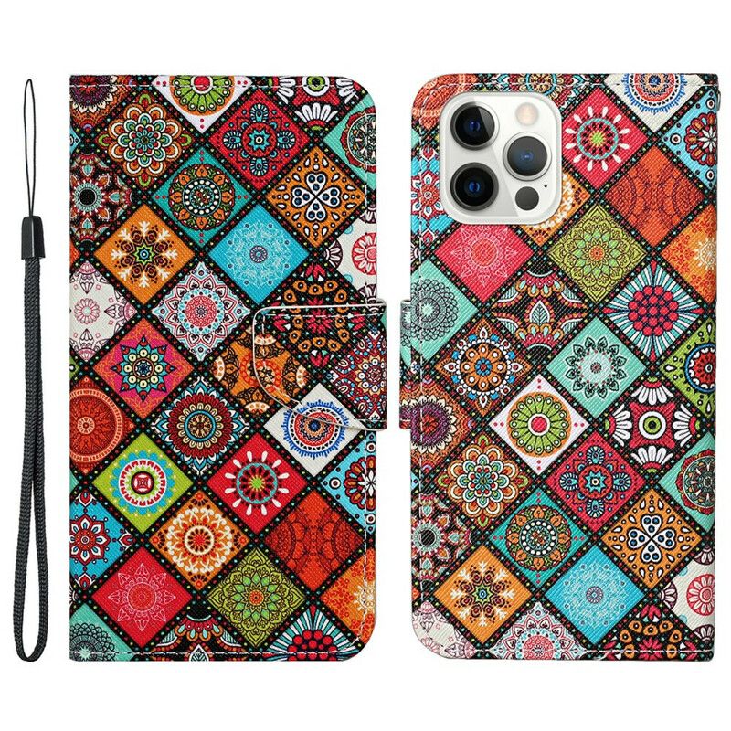 Flip Cover Til iPhone 13 Pro Patchwork-mandalaer Med Snor