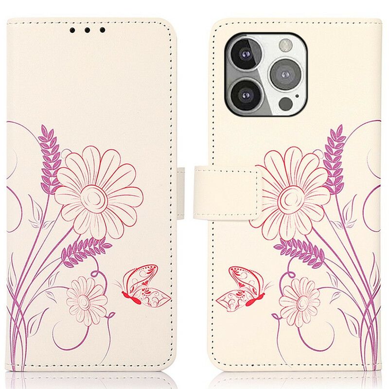 Flip Cover Til iPhone 13 Pro Tegning Sommerfugle Og Blomster