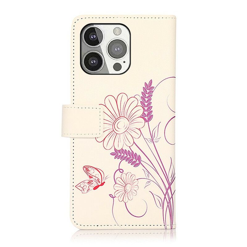 Flip Cover Til iPhone 13 Pro Tegning Sommerfugle Og Blomster