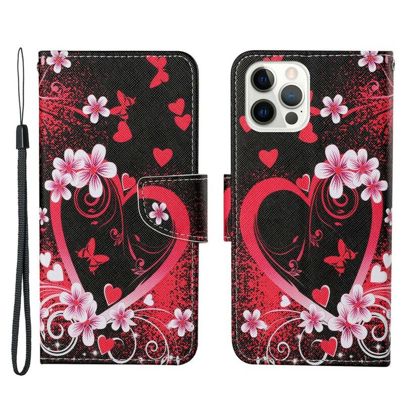 Læder Cover iPhone 13 Pro Telefon Etui Blomster Og Hjerter Med Snor