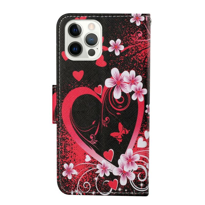 Læder Cover iPhone 13 Pro Telefon Etui Blomster Og Hjerter Med Snor