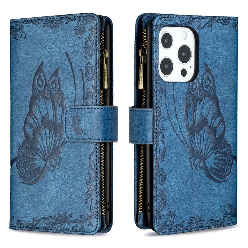 Læder Cover iPhone 13 Pro Telefon Etui Butterfly Barok Lynlåslomme