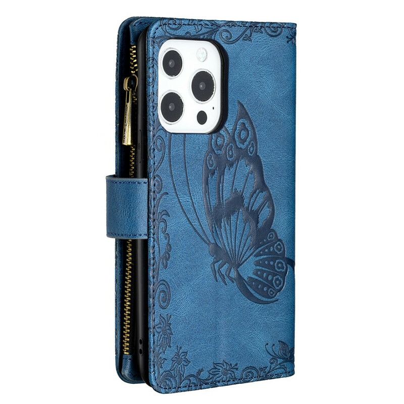 Læder Cover iPhone 13 Pro Telefon Etui Butterfly Barok Lynlåslomme