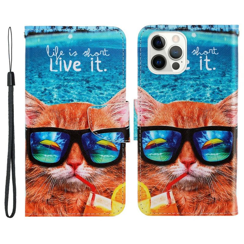 Læder Cover iPhone 13 Pro Telefon Etui Cat Live It Strappy