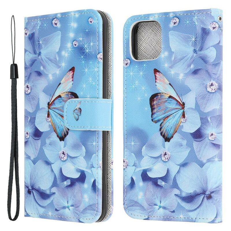 Læder Cover iPhone 13 Pro Telefon Etui Diamond Strappy Sommerfugle