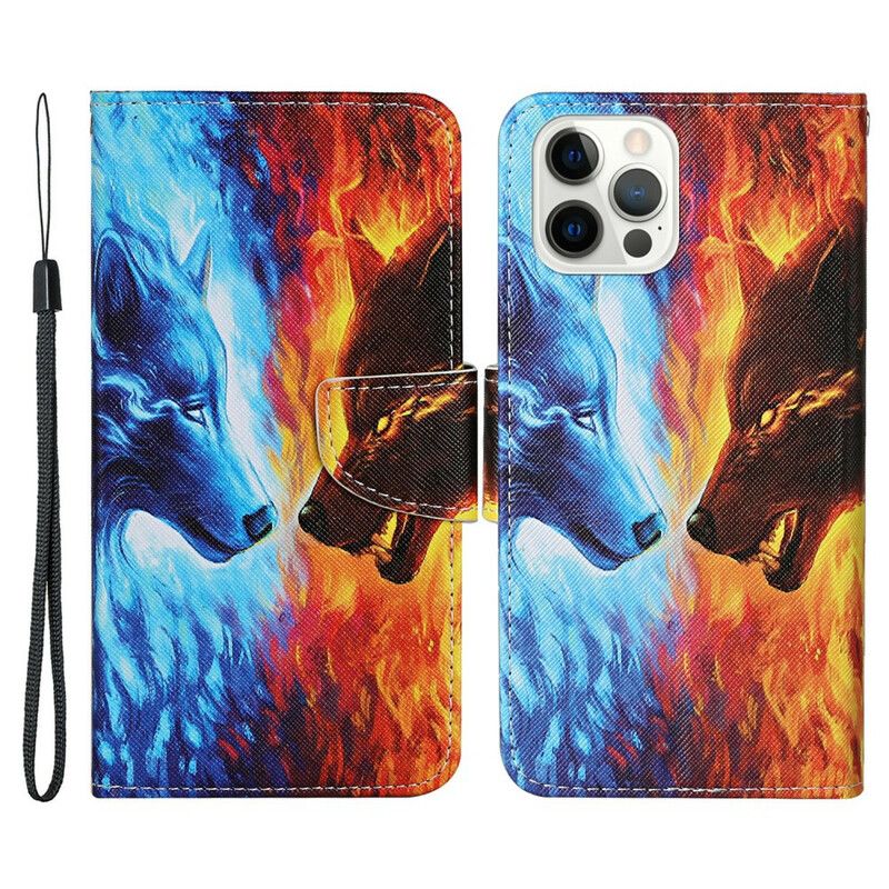 Læder Cover iPhone 13 Pro Telefon Etui Wolf War With Lanyard