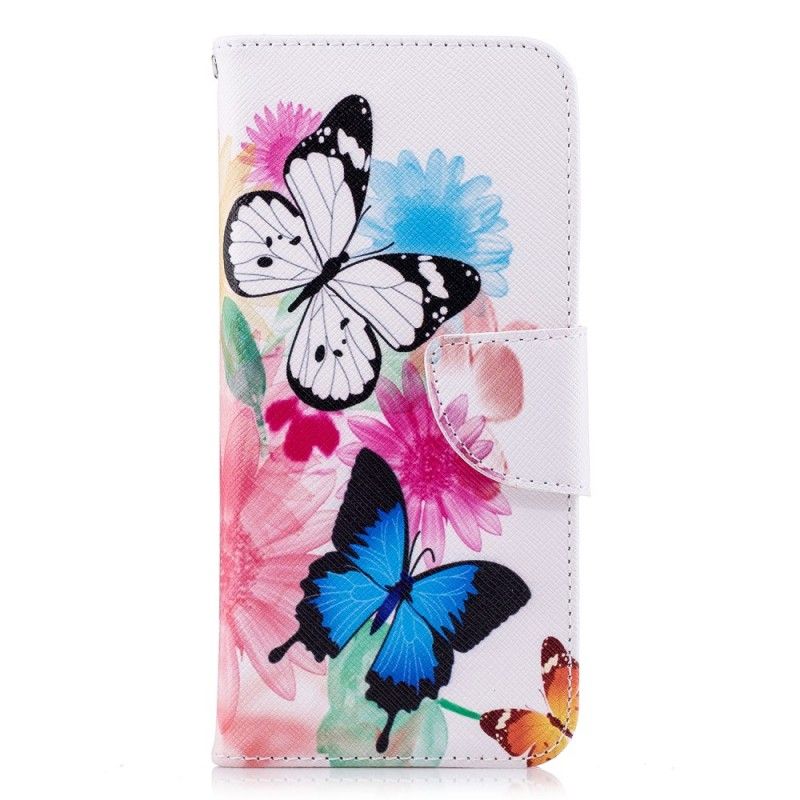 Flip Cover Læder Huawei P20 Lyserød Malede Sommerfugle Og Blomster