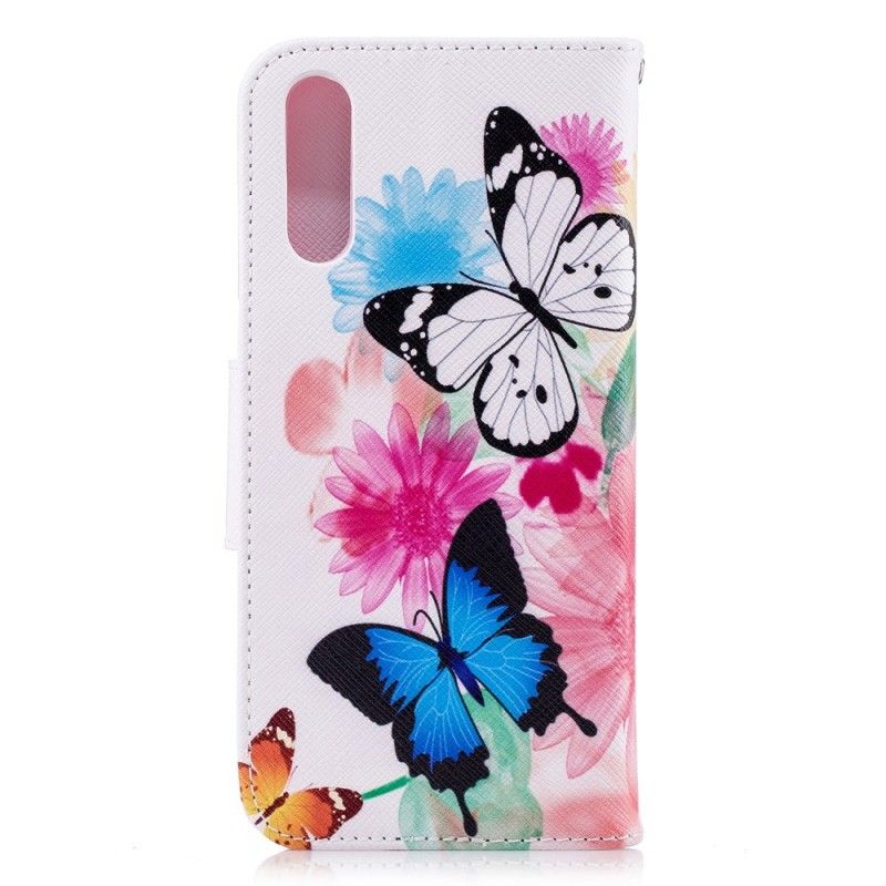 Flip Cover Læder Huawei P20 Lyserød Malede Sommerfugle Og Blomster