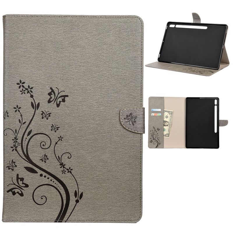 Flip Cover Samsung Galaxy Tab S7 Plus Sort Mobilcover Blomster Sommerfugle