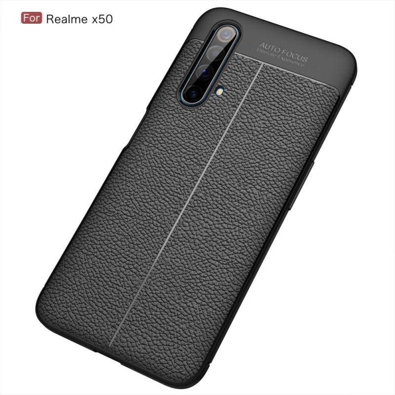 Cover Realme X50 Sort Mobilcover Dobbeltlinjeret Lychee-Lædereffekt