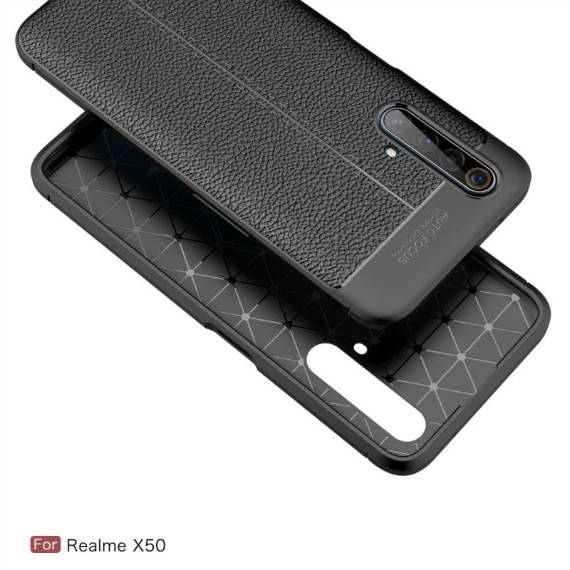 Cover Realme X50 Sort Mobilcover Dobbeltlinjeret Lychee-Lædereffekt