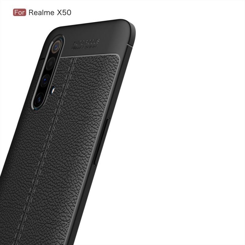 Cover Realme X50 Sort Mobilcover Dobbeltlinjeret Lychee-Lædereffekt