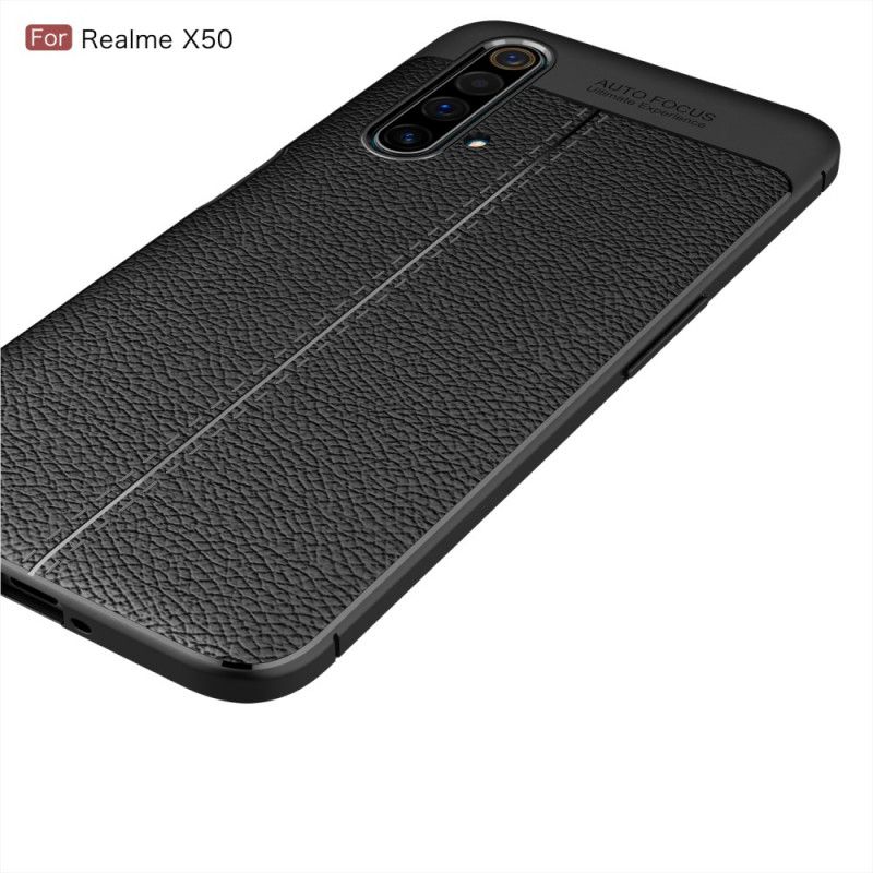 Cover Realme X50 Sort Mobilcover Dobbeltlinjeret Lychee-Lædereffekt